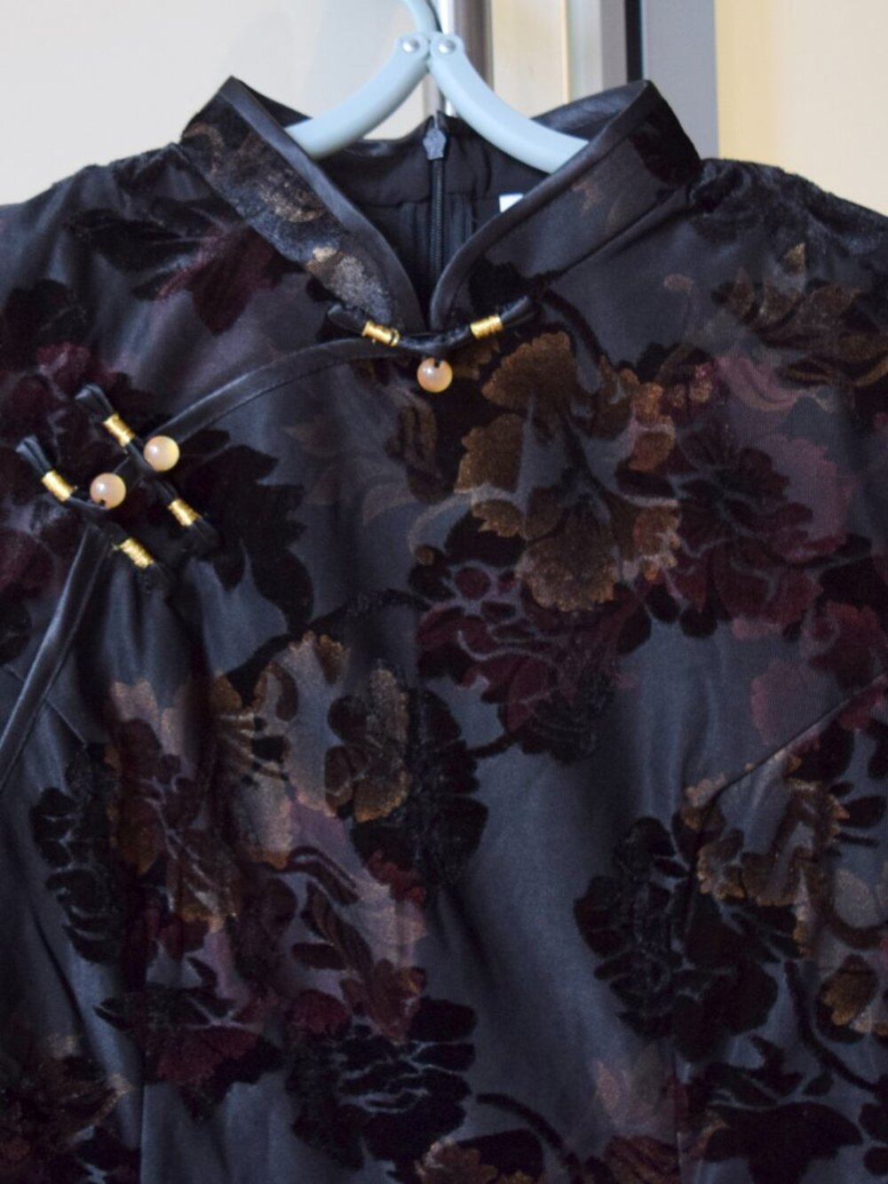 Black Mesh Flora Flocking Qipao Blouse - Chinese Top